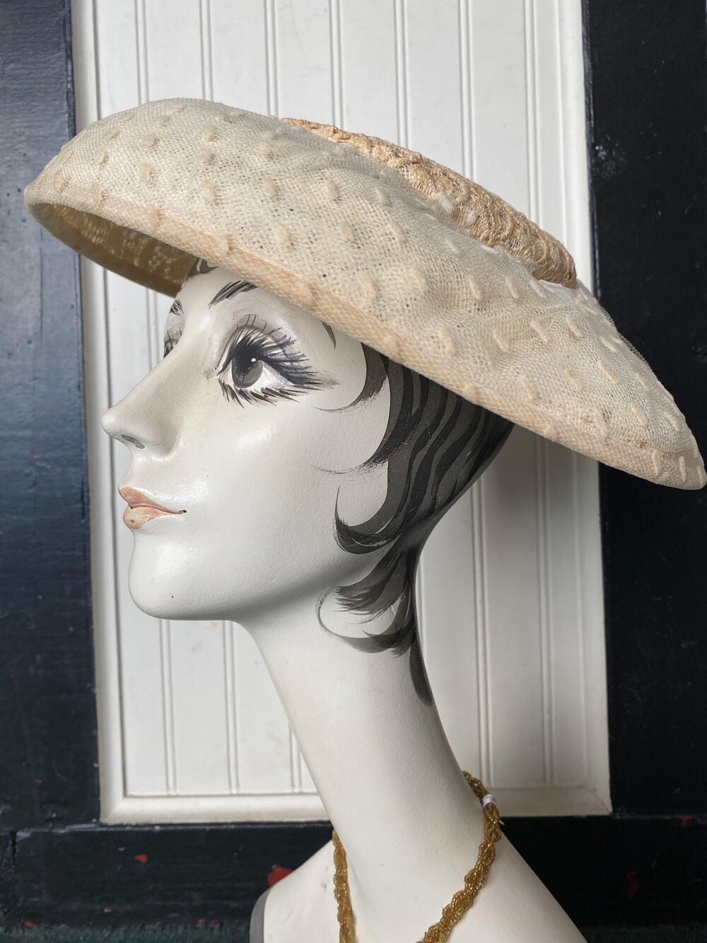 vintage 1950s cream platter hat flocked swiss dot 50s saucer crochet wide brim